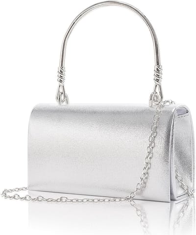 Elegante Metallic Zilveren Clutch Tas voor Vrouwen met 2 Kettinghengsels, Vegan Leer, Perfect voor Feestjes, Bruiloften en Avondgelegenheden