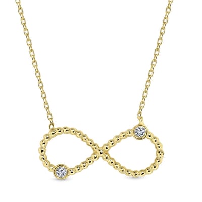 Juwelier Emo - 14 Karaat Gouden Ketting met Infinity hanger 20mm met Zirkonia – Jasseron schakel – Lengte 45 CM