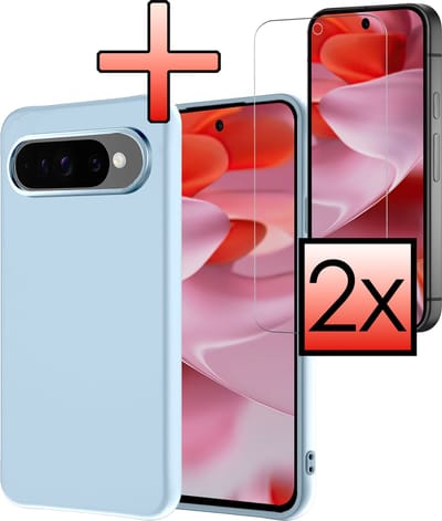 Hoesje - Met 2x Screenprotector - Geschikt voor Google Pixel 9 Pro - Sterk & Shockproof - Back Cover - Siliconen Case - Telefoon Hoes - Lichtblauw