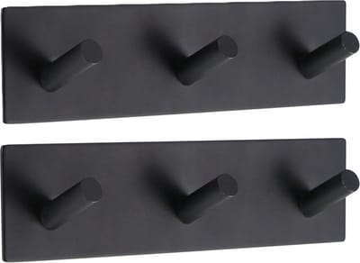 Tendance Handdoek haakjes vierkant - 2x - 3 haken - 18 x 3 x 5 cm - zwart - Zelfklevende ophang haakjes - Metaal
