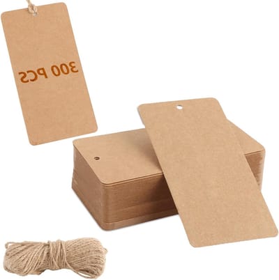 Allecto Plus - Cadeaulabels 300 stuks groot 12 x 6 cm bruin kraftpapier - Jute koord - 60 meter - Inpakpapier - Knutselen - Kerstmis - Bruiloft - Geschenken