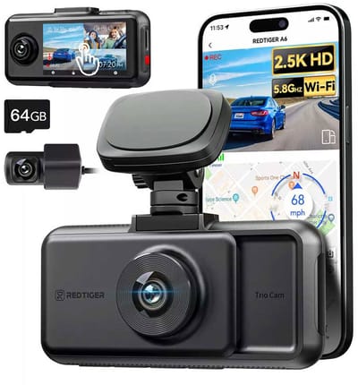 Redtiger A6 3CH 2K Touch Wifi Gps 64gb dashcam - Camera voor + achter + interieur - Wifi en Gps - Parkeermodus - 3,0 inch Lcd - 2.5K + Full HD resolutie - 64gb Micro SD kaart - dashcam voor auto