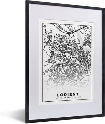 Fotolijst incl. Poster Zwart Wit- Plattegrond - Lorient - Kaart - Frankrijk - Stadskaart - Zwart wit - 30x40 cm - Posterlijst