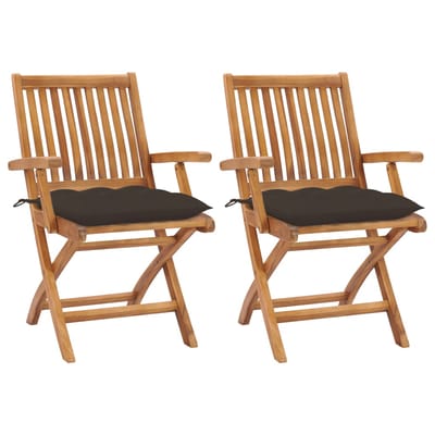 vidaXL - Inklapbare - stoelen - 2 - st - met - taupe - kussens - massief - teakhout