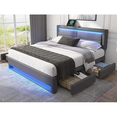 ModernLuxe Tweepersoonsbed 140x200 cm in kunstleer met LED - 4 lades - met oplaadpoorten (bedraad & draadloos) - Grijs