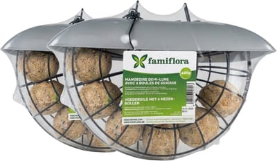 Famiflora set van 2 voedersilo's - Met 12 (2x6) mezenbollen - Aanvullend diervoeder voor tuinvogels - Direct klaar voor gebruik - Inclusief 6 mezenbollen - Makkelijk hervulbaar