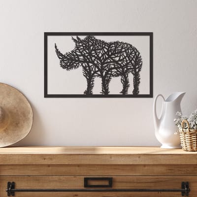 Wanddecoratie Neushoorn - Muurdecoratie Neushoorn - Muurdecoratie Hout - Wanddecoratie Hout - Muurdecoratie Woonkamer - Wanddecoratie Woonkamer - Wanddecoratie Industrieel - Wanddecoratie Dieren - Home Decor - Wall Line Art - 49 x 29.5 cm