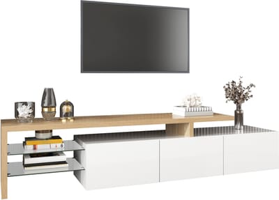 Hoogglans Wit Hout Mdf Tv Meubel 197.5x39x42cm Woonkamer Glasplanken Led Verlichting