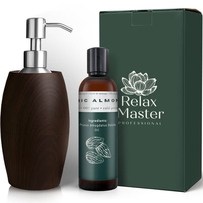 Relax Master Massage Olie Verwarmer Flaming Hout-Look - met Aluminium dispenser & 250ml biologische amandelolie - Guasha - Massage apparaat