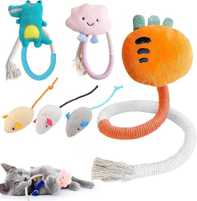Interactieve Speeltjes voor Binnenkatten, 4-delige Set met Bijt Touw, Gemakkelijk Schoon te Maken, Kauwspeeltjes voor Kittens in Meerdere Kleuren