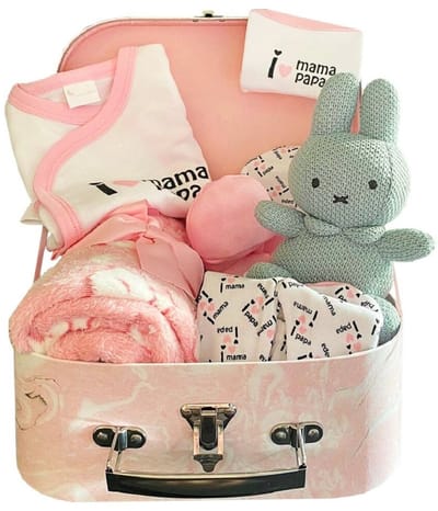 Koffertje gevuld met baby artikelen - Marmer-roze kleur - 25cm.