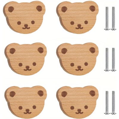 6 stuks Boheemse Commode Knoppen, Schattige Beuken Hout Dier Lade Knoppen, Beer Vorm Houten Commode Grepen, met Schroeven, voor Meubel Bekleding 6-Pack bruin