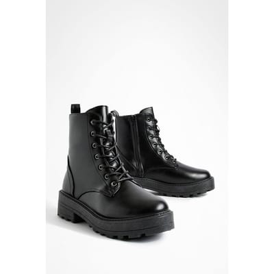 boohoo Dames Wide Fit Lace Up Chunky Hiker Boots | Zwart | Maat: 37