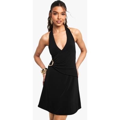 boohoo Dames Halternek met trimdetail wikkelminijurk | Black | Maat: 4