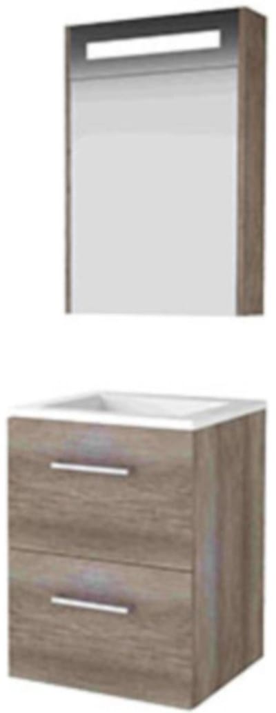 Basic-Line Premium 46 Badkamermeubelset - 50 x 46 cm - Met Grepen - 2 Lades - Acryl Wastafel - Zonder Kraangat - Spiegelkast met LED Verlichting - Scotch Oak