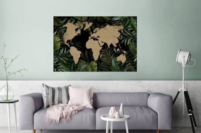 Aluminium schilderij 180x120 cm - Wanddecoratie metaal - Wereldkaart - Bladeren - Bruin - Metalen muurdecoratie woonkamer - Decoratie industrieel - Foto op dibond - Industriële accessoires slaapkamer