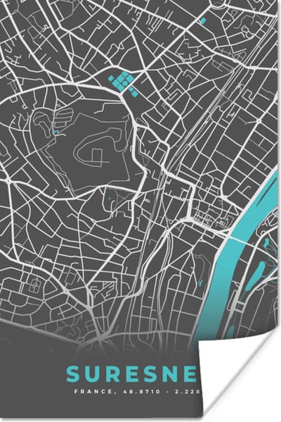 Poster Suresnes - Kaart - Plattegrond - Stadskaart - Frankrijk - 120x180 cm XXL