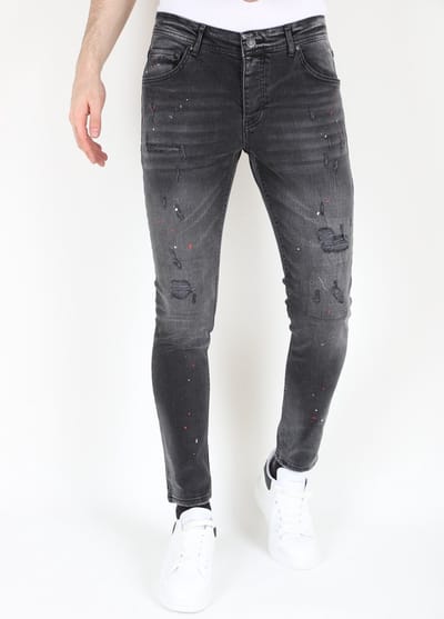 Jeans Heren - Spijkerbroek Heren Volwassenen - Stretch Jeans Heren - Heren Jeans Slim Fit - Ripped Biker Jeans met Verfspatten -MM107- Zwart