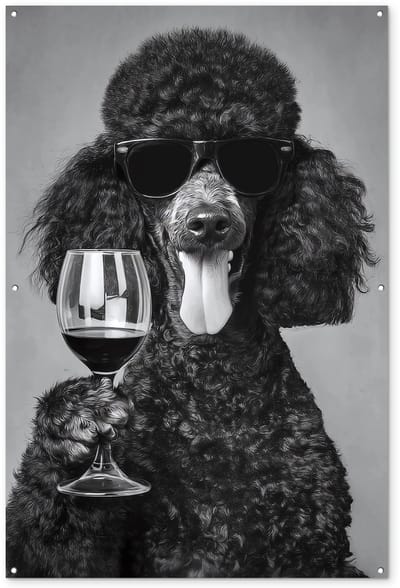Tuinposter 120x180 cm - Tuindecoratie Hond - Krullen - Zonnebril - Wijn - Poster voor in de tuin - Buiten decoratie - Schutting tuinschilderij - Tuindoek muurdecoratie - Wanddecoratie balkondoek