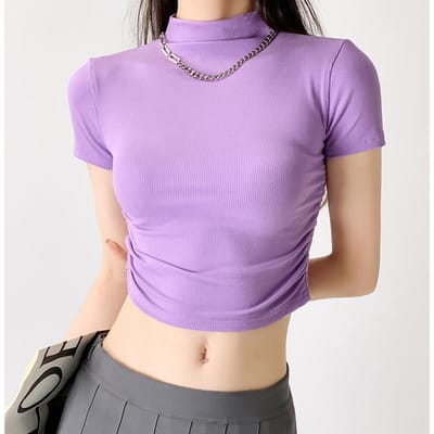 Dopamine Basis T-shirt voor Dames met Halve Col Lente en Zomer Buik Ontbloot Korte Mouw T-shirt Sexy Slim Kort Topje L pink