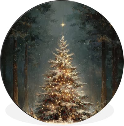 WallCircle - Wandcirkel - Muurcirkel - Kerstboom - Bos - Sneeuw - meerkleurig - Aluminium - Dibond - 30x30 cm - Binnen en Buiten