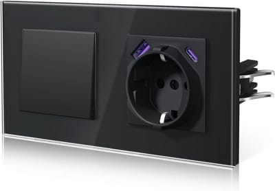 Inbouw Lichtschakelaar Glas met Stopcontact en USB-C Oplader Zwart