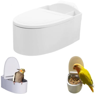 1 stuk - Wandgemonteerd vogeltoilet - Sticky Cage Feeder - Papegaaienvoederbak - 2-in-1 vogelvoercontainer - Met klapdeksel - Verwijderbaar en afspoelbaar - Wit - 13,4 x 8,7 x 5,5 cm - Geschikt voor grasparkieten, papegaaien en exotische vogels