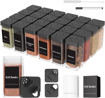 SnelShoppen - Spice Jars Set 24 x 120 ml, Vierkante Kruidendozen met Deksel, Stevig Plastic, Luchtdicht, Kruidenschudder met Labels, Organiser voor Ke