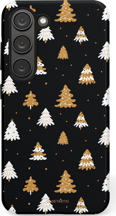 Casetastic hoesje geschikt voor Samsung Galaxy S23 - Dubbellaagse bescherming - Happy Chistmas Kerstbomen - Fashion Case - Zwart