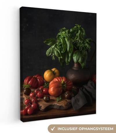 Canvas schilderij 30x40 cm - Wanddecoratie Stilleven - Tomaten - Basilicum - Schilderij - Groente - Zwart - Muurdecoratie woonkamer - Slaapkamer decoratie - Kamer accessoires - Schilderijen op canvas