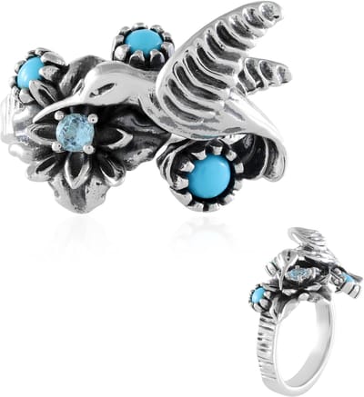 Cavill - Zilveren Statement Ring - 925 Sterling Zilver - Sleeping Beauty Turkoois 0,468 ct & Blauwe Topaas - Uniek Vogelmotief