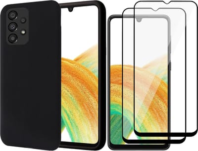 Hoesje geschikt voor Samsung Galaxy A33 - Matte Back Cover Microvezel Siliconen Case Hoes Zwart - 2x Full Tempered Glass Screenprotector