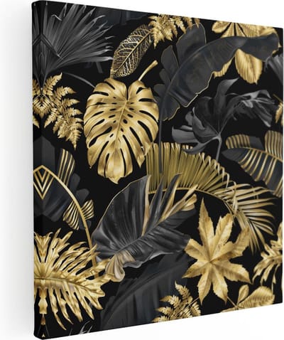 Artaza Canvas Schilderij Botanisch Bladeren - 80x80 cm - Wanddecoratie Jungle - Muurdecoratie Botanisch - Schilderijen Op Canvas Goud Zwart