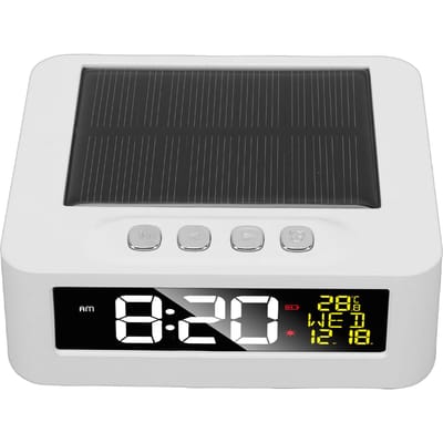 Horloge de voiture solaire 12h 24h Horloge LCD automobile avec affichage de la date et de la température Deux alarmes Alerte de conduite fatigante pour blanc
