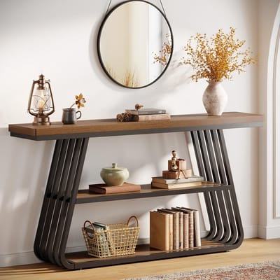 LITTLE TREE Consoletafel - 3 Lagen - Houtlook Met IJzeren Frame - Industrieel - 140 x 30 x80 cm - Voor Hal, Entree, Woonkamer - Bruinzwart