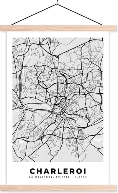 Posterhanger incl. Poster 40x60 cm - Schoolplaat - Stadskaart – Zwart Wit - Kaart – Charleroi – België – Plattegrond - Textielposter - Blanke latten - Stadskaart