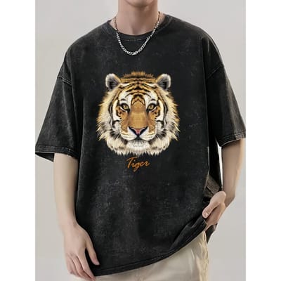 T-shirt Lavé Homme Lettre Vintage Tête de Tigre Été Femme T-shirt Oversize Streetwear Nouveauté Punk Hip Hop Gothique Y2K Harajuku M