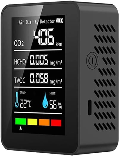 Luchtkwaliteit Monitor - CO2 Meter - Binnenklimaat Controleren - 5-in-1 Meting - 70x90x35 mm - Zwart