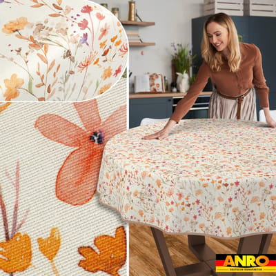 ANRO Tafelkleed Bloemen en bladeren Beige Rond Ø140cm Met sierband Afwasbaar Waterafstotend