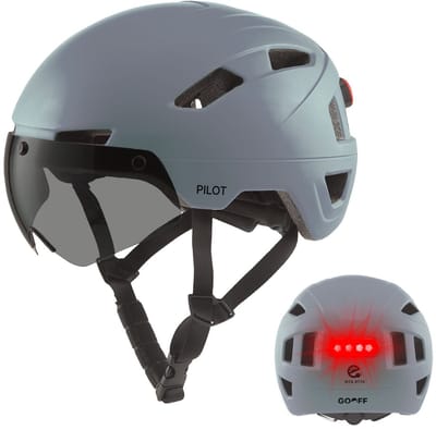 GOOFF® Pilot 3-in-1 Snorfiets Helm met Verlichting en Vizier - Speed Pedelec Fietshelm voor Volwassenen - NTA 8776 - Snorscooter Helm met LED Licht - Goedgekeurd voor Blauw Kenteken en E Bike - Dames en Heren - M - Matgrijs