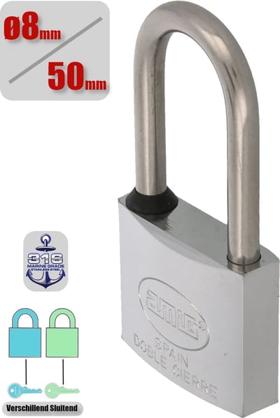 AMIG Hangslot RVS 316 Ø8/50mm Hoge Beugel Met Sleutel - Marine Weerbestendig Buiten