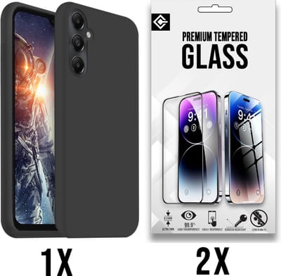 Casemania Hoesje Geschikt voor Samsung Galaxy A05s - Zwart + 2X Glazen Screenprotector - Siliconen Back Cover