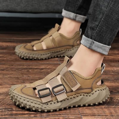 Nouvelles Sandales d'Été pour Homme en Cuir Véritable à Bout Fermé, Chaussures de Plage Décontractées et Respirantes pour l'Extérieur 46 beige