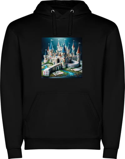 Zwarte unisex hoodie met “ Kleurrijke Speelkaarten Kasteel – Harten – Schoppen – Klaver – Ruit “ Print Full Color merk Roly maat XL