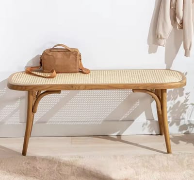 Houten Halbankje met Naturel Rotan Zitting - 115.5 cm - Japandi Stijl - Vintage Bankje voor Slaapkamer of Gang - Naturel/Hout