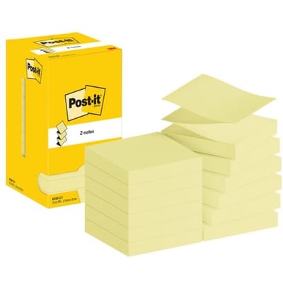 POST-IT sticky notes Super Sticky Z-Notes R330, 76 x 76 mm, verwijderbaar, cellofaanvrije verpakking, 12 x 100 vellen, geel