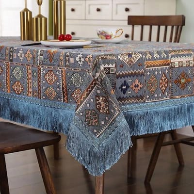 Geometrische Patronen Chenille Tafelkleed Kwastrand Geborduurd Eettafelkleed Rechthoekig Dik Slijtvast Tafelkleed 90x90cm 1pcs
