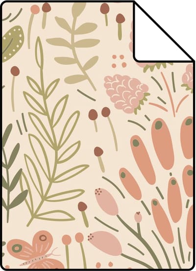 Proefstaal ESTAhome behang bladeren en bloemen olijfgroen en terracotta - 26.5 x 21 cm - 131390-S