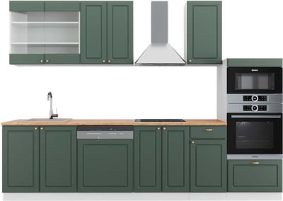 Vicco Fame-Line Complete keukeneenheid – 300 cm met hoge kast, WB Eik Groen-Goud Landhuis/Wit