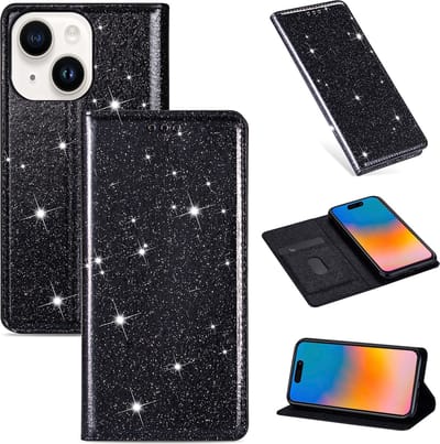 Glitter Telefoonhoesje geschikt voor Apple iPhone 15 Plus - Hoogwaardig PU Leren Bookcase - Pasjeshouder - Zwart
